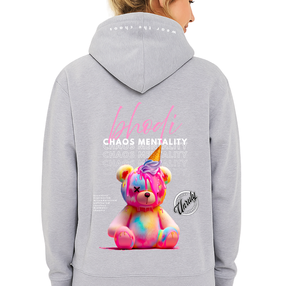 Gray hoodie with colorful bear graphic and text on the back