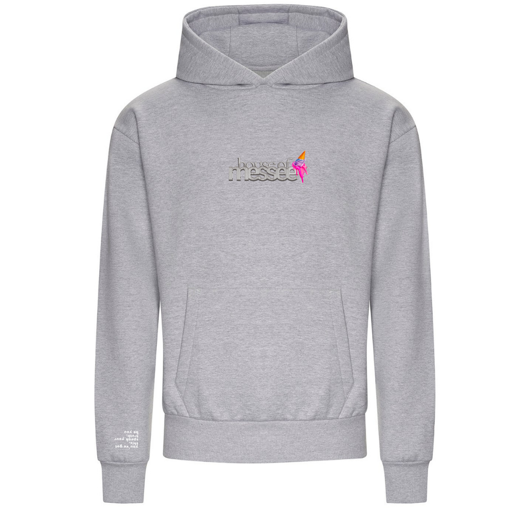 Gray hoodie with a logo on the chest against a white background