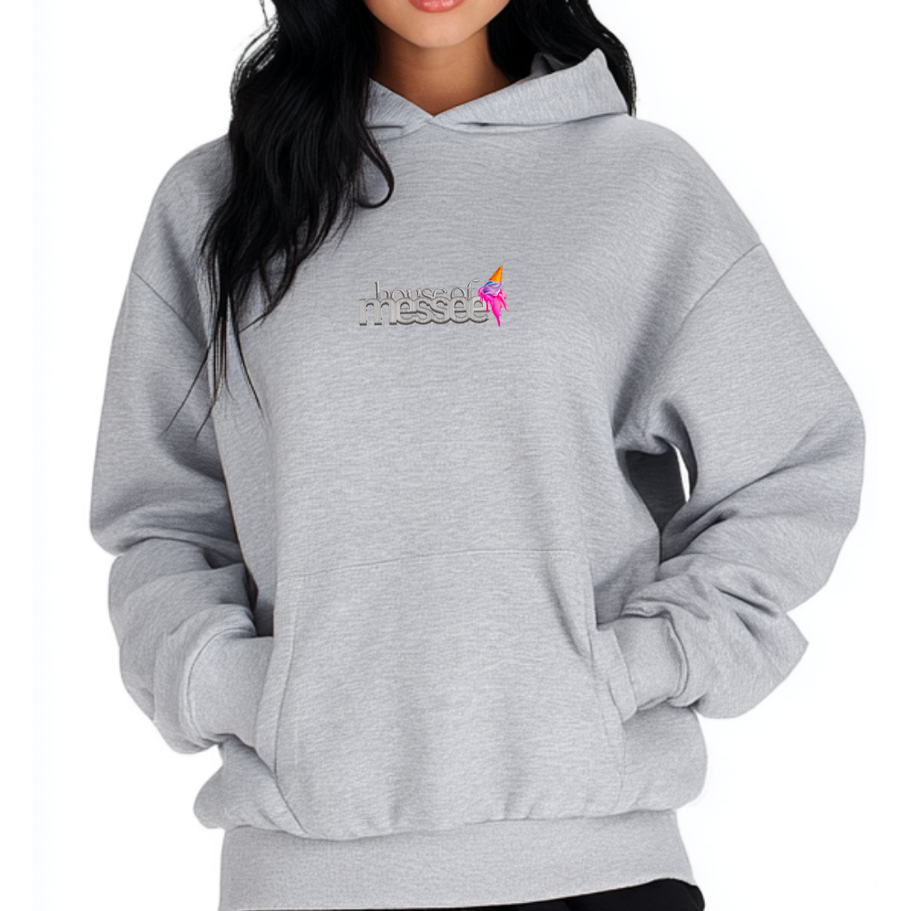 Gray hoodie with a logo on a white background