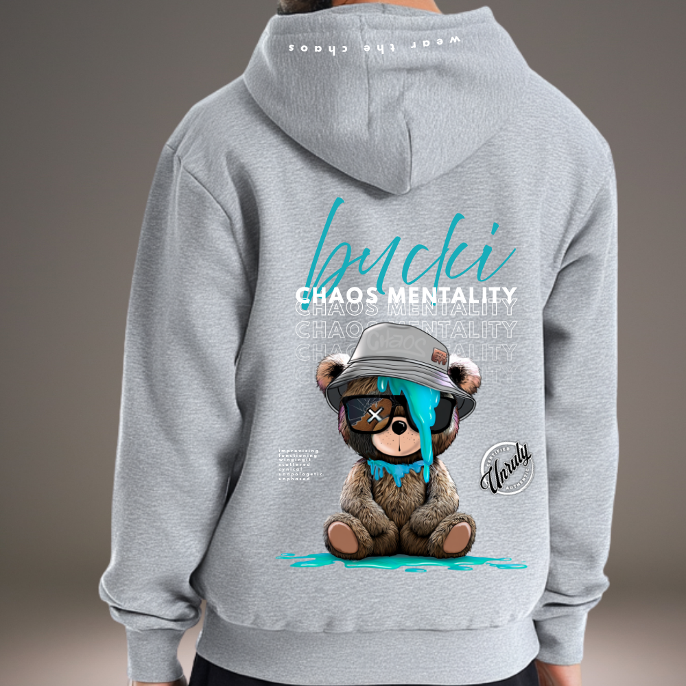 Gray hoodie with a bear graphic and text on the back against a gray background