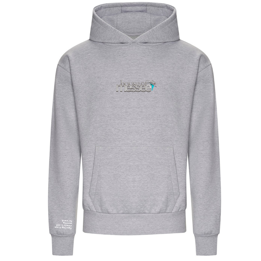 Gray hoodie with a logo on the chest against a white background