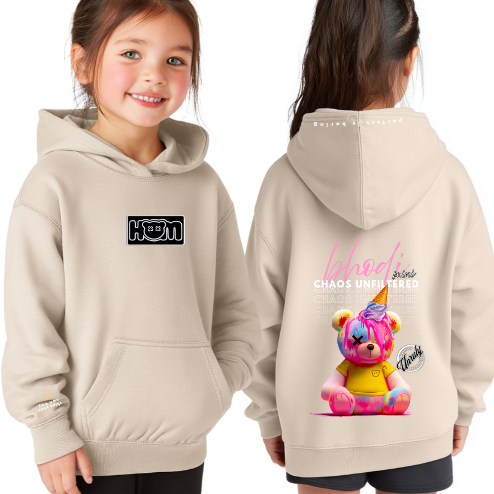 Beige hoodie with front and back designs, featuring a bear and text, worn by a child.