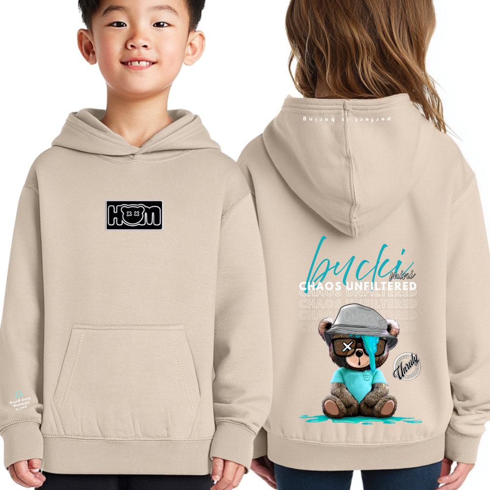 Children wearing a beige hoodie with front and back designs, including a cartoon bear and text.
