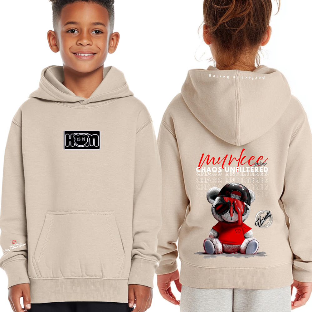 Beige hoodie with front and back designs, worn by a child, on a white background.