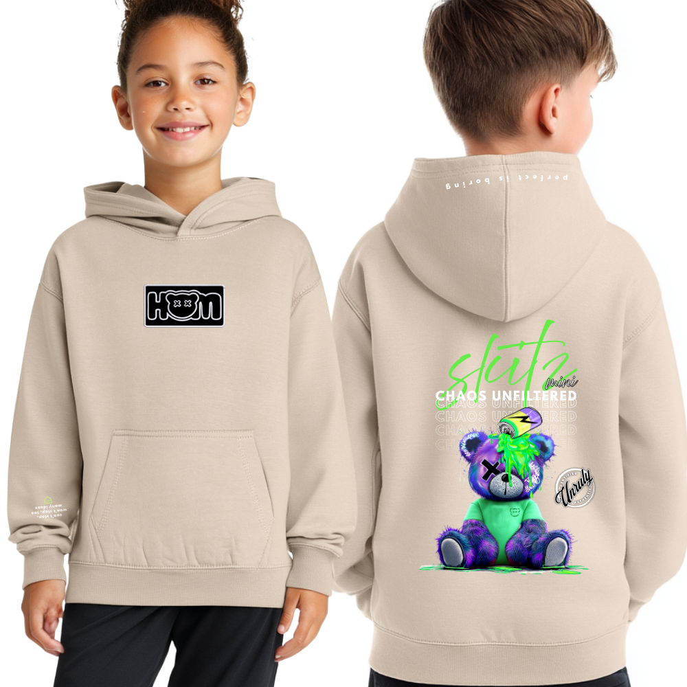 Children wearing a beige hoodie with a teddy bear graphic and text on the back, on a white background.