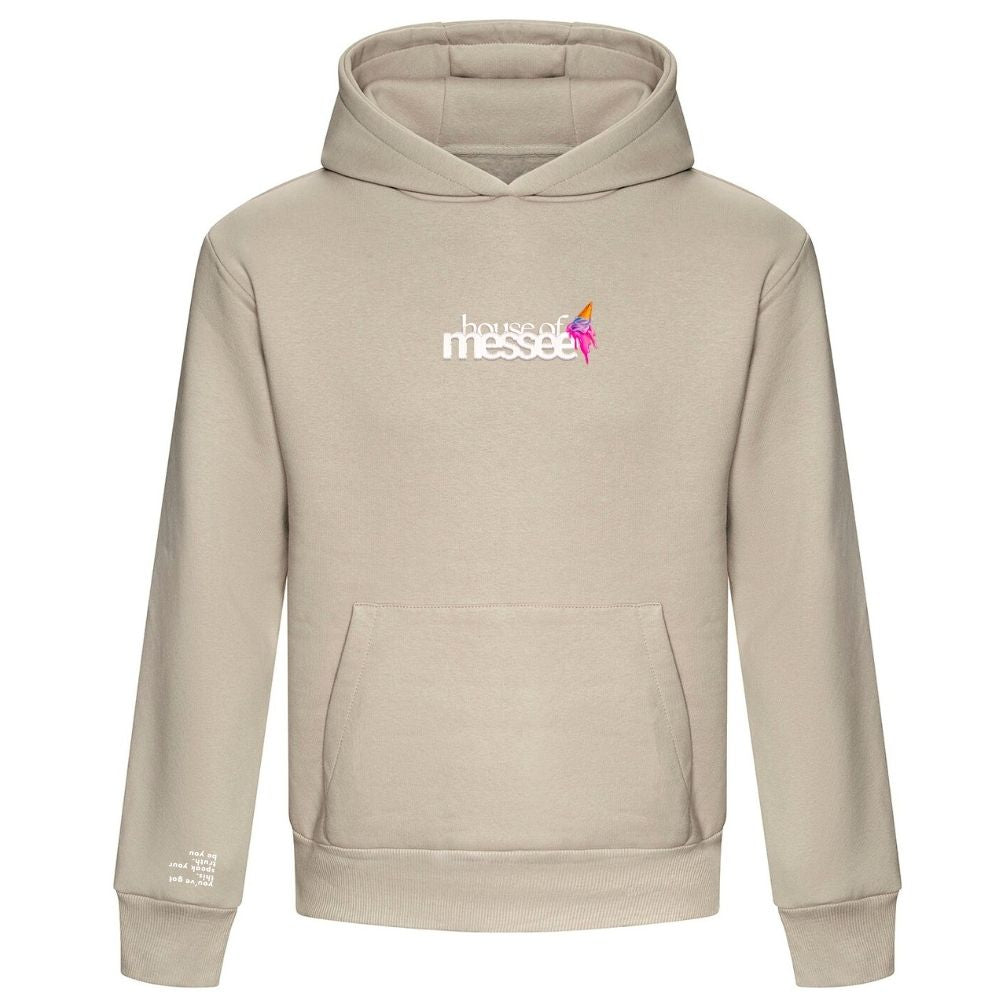 Beige hoodie with 'house of messee' logo on a white background