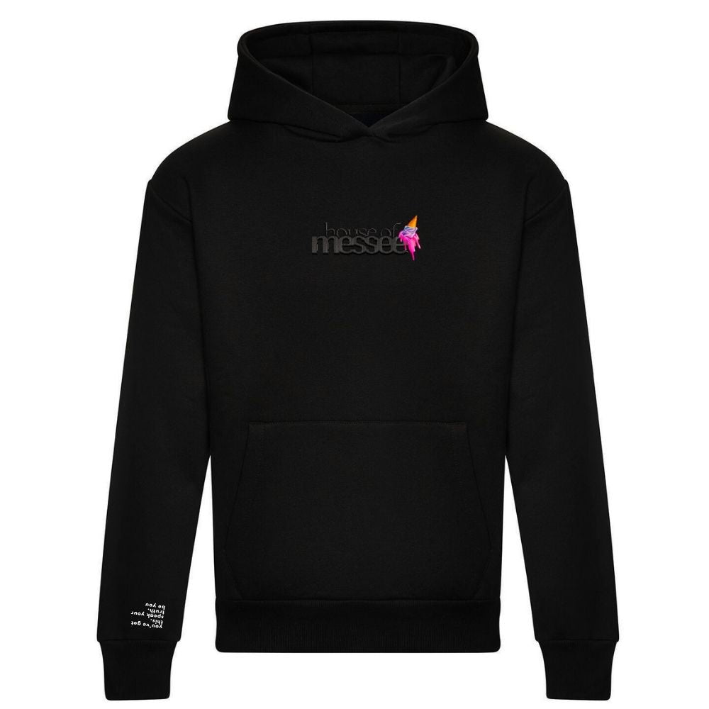 Black hoodie with a logo on the chest against a white background