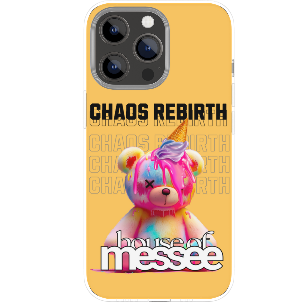 Phone case with colorful bear design and text on a yellow background