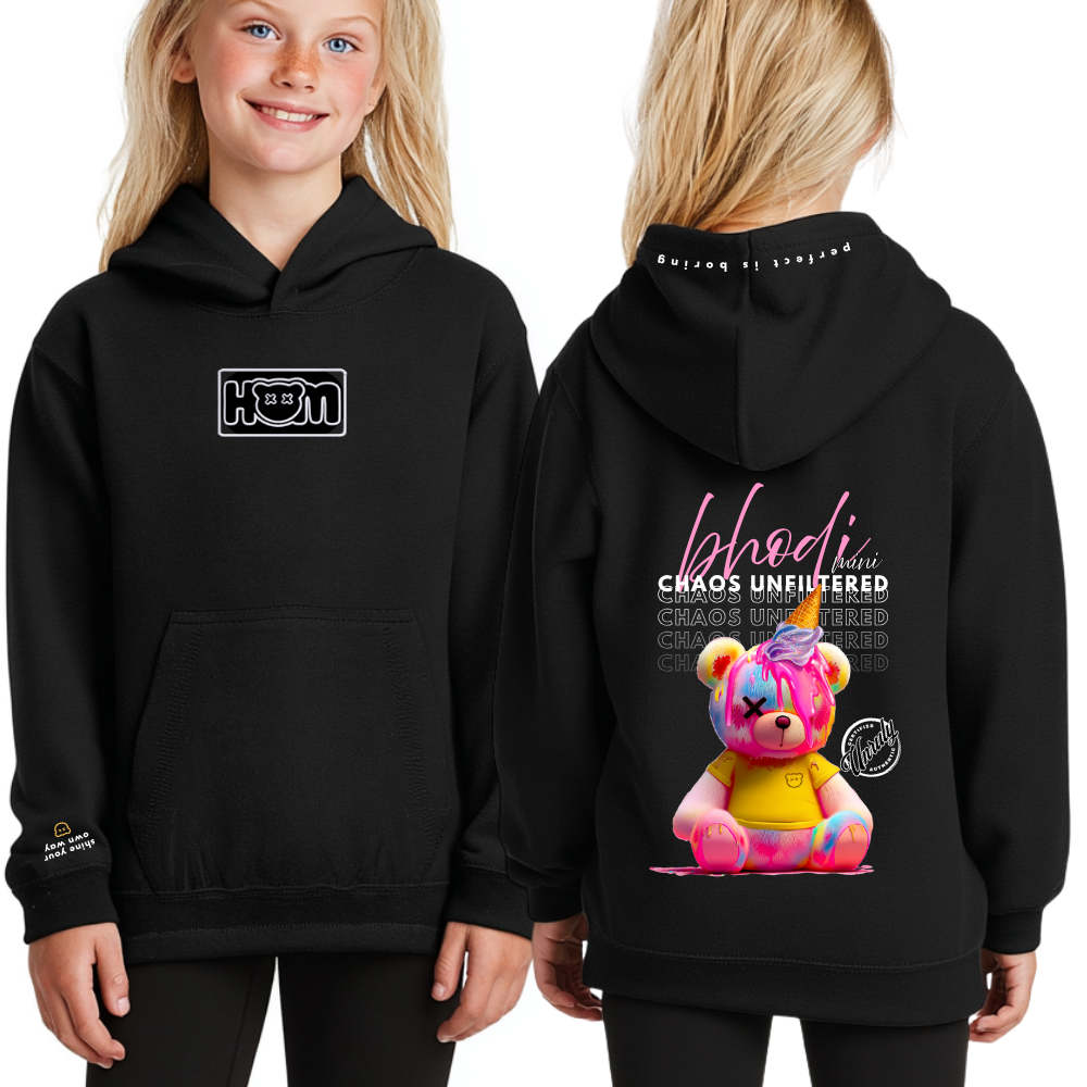 Black hoodie with colorful bear graphic and text on front and back, worn by a person.