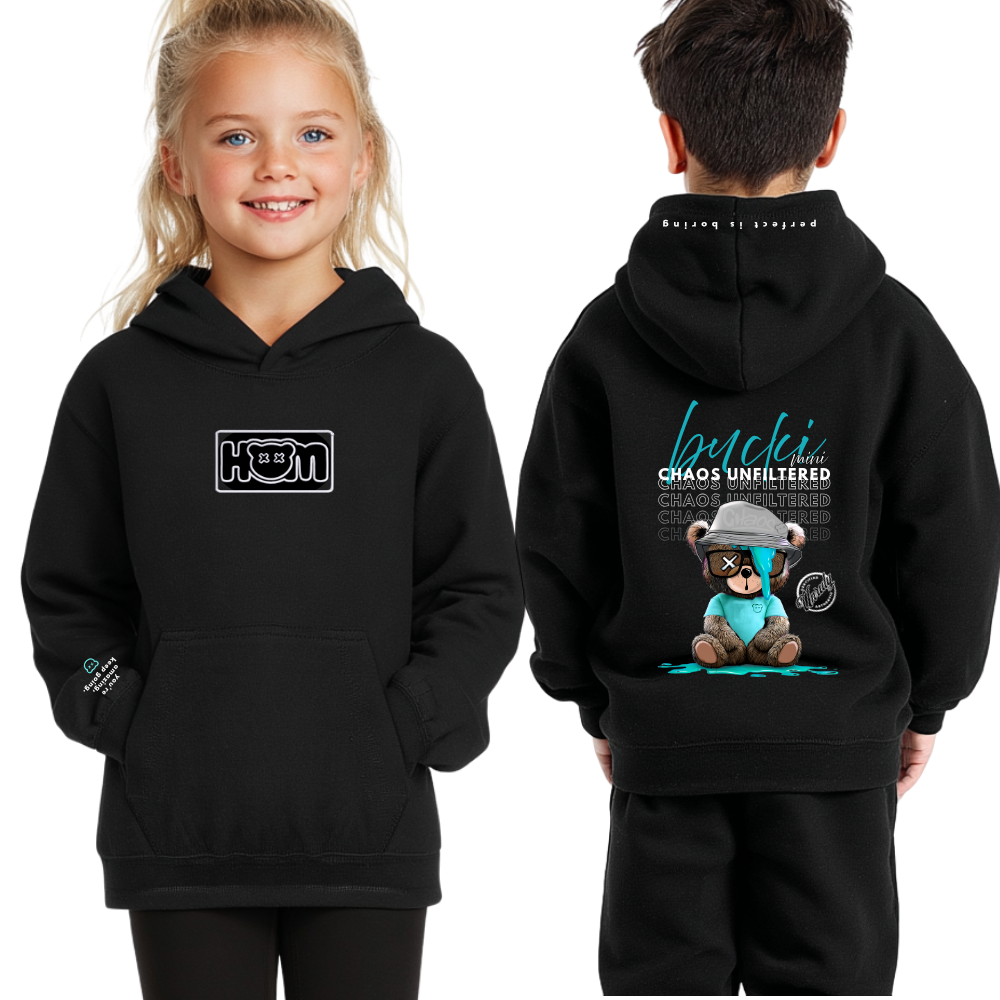 Black hoodie with a bear graphic and text on the back, worn by a child.