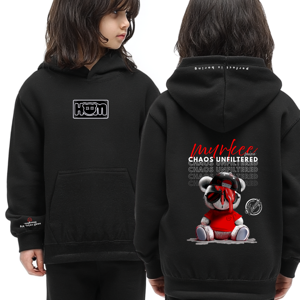 Black hoodie with a graphic design on the back, worn by a person.