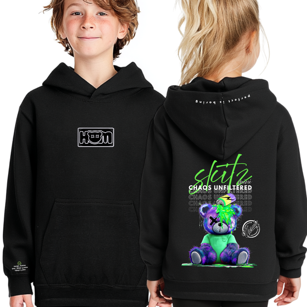 Black hoodie with a logo on the front and text and graphic on the back, worn by two children.