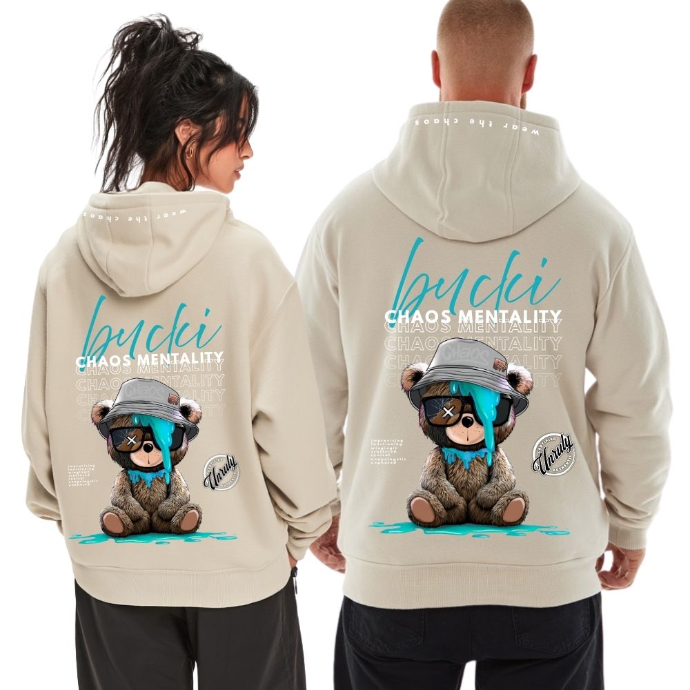 Two people wearing beige hoodies with a bear graphic and text on the back.