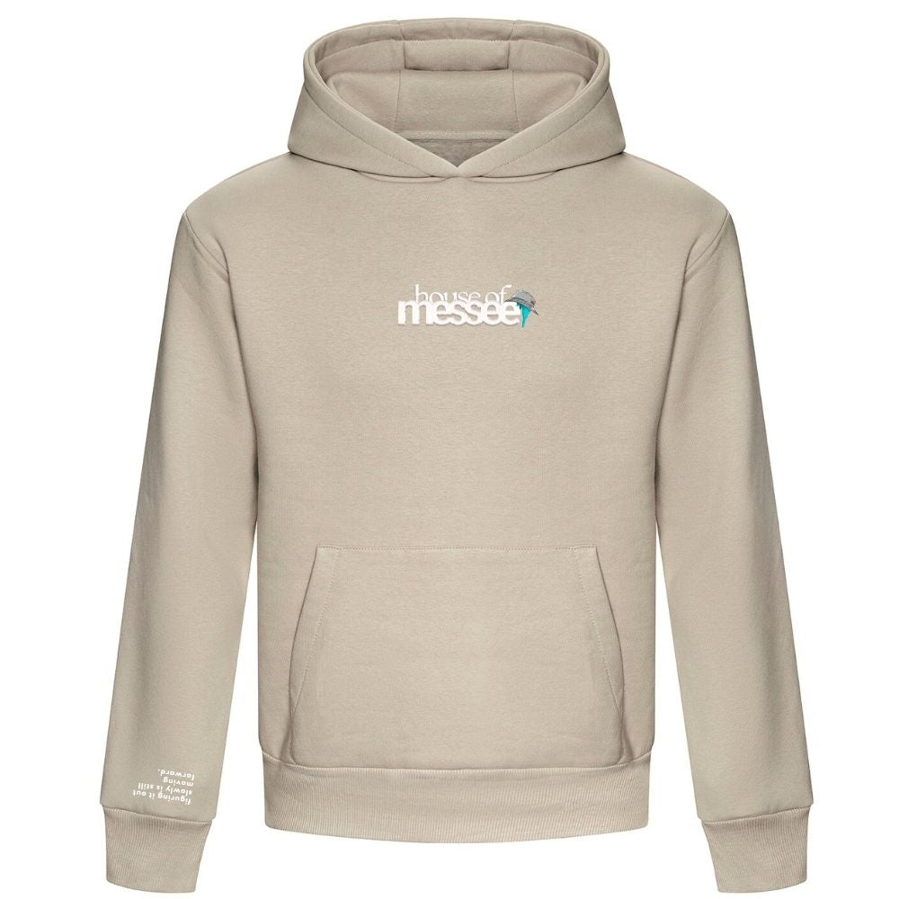 Beige hoodie with 'house of messee' logo on a white background