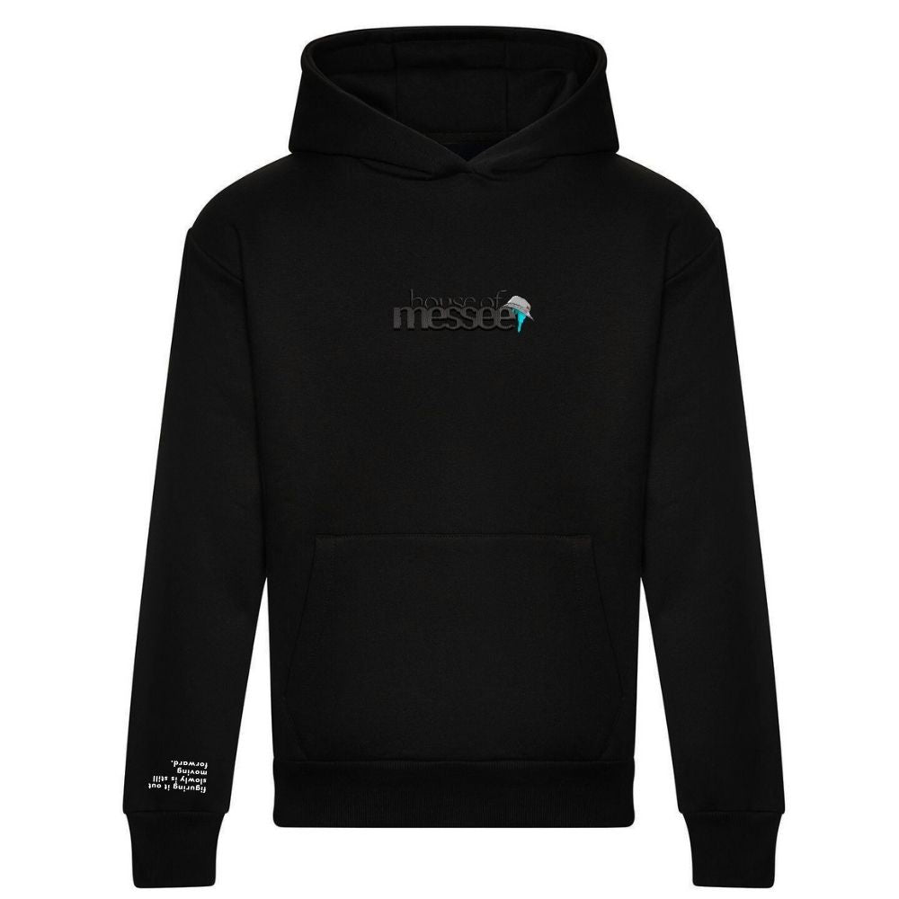 Black hoodie with a logo on the chest against a white background