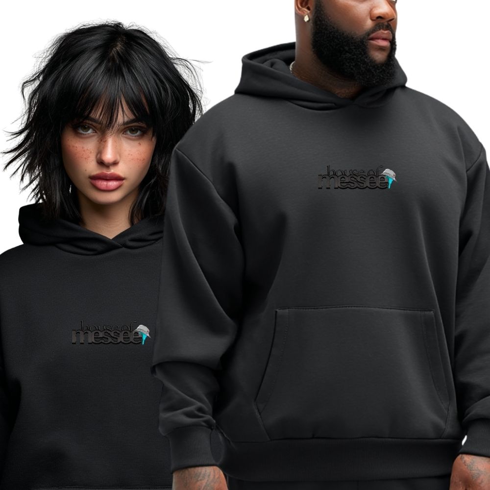 Two people wearing black hoodies with a logo on a white background