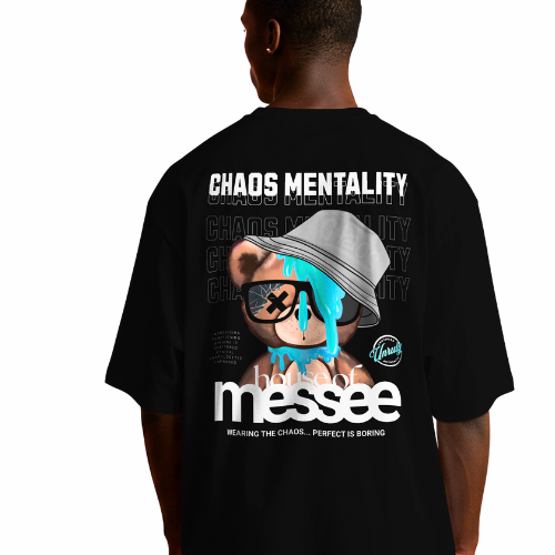 Black t-shirt with 'Chaos Mentality' design on the back, featuring a graphic of a person with blue hair and sunglasses.
