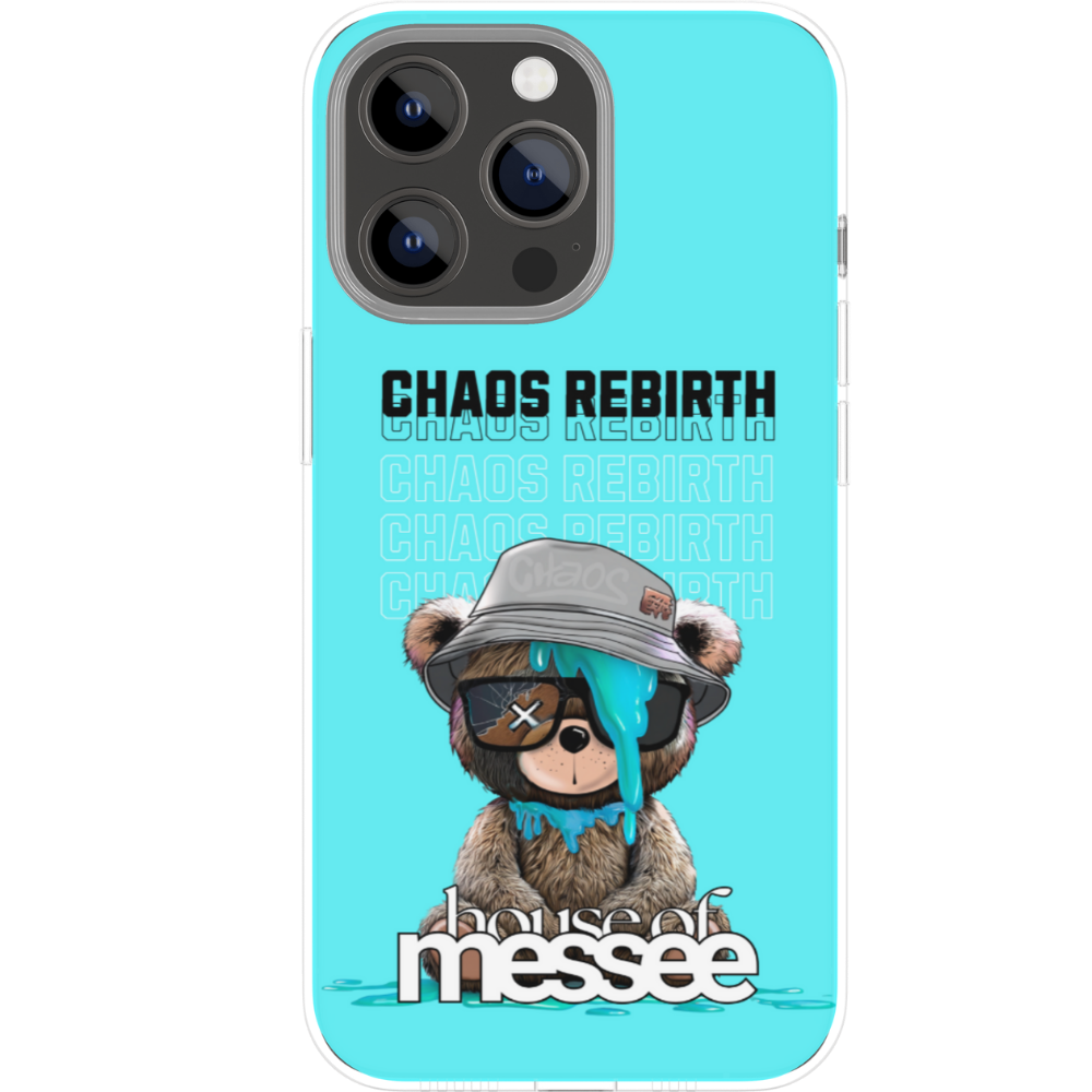 Phone case with a bear graphic and text on a blue background