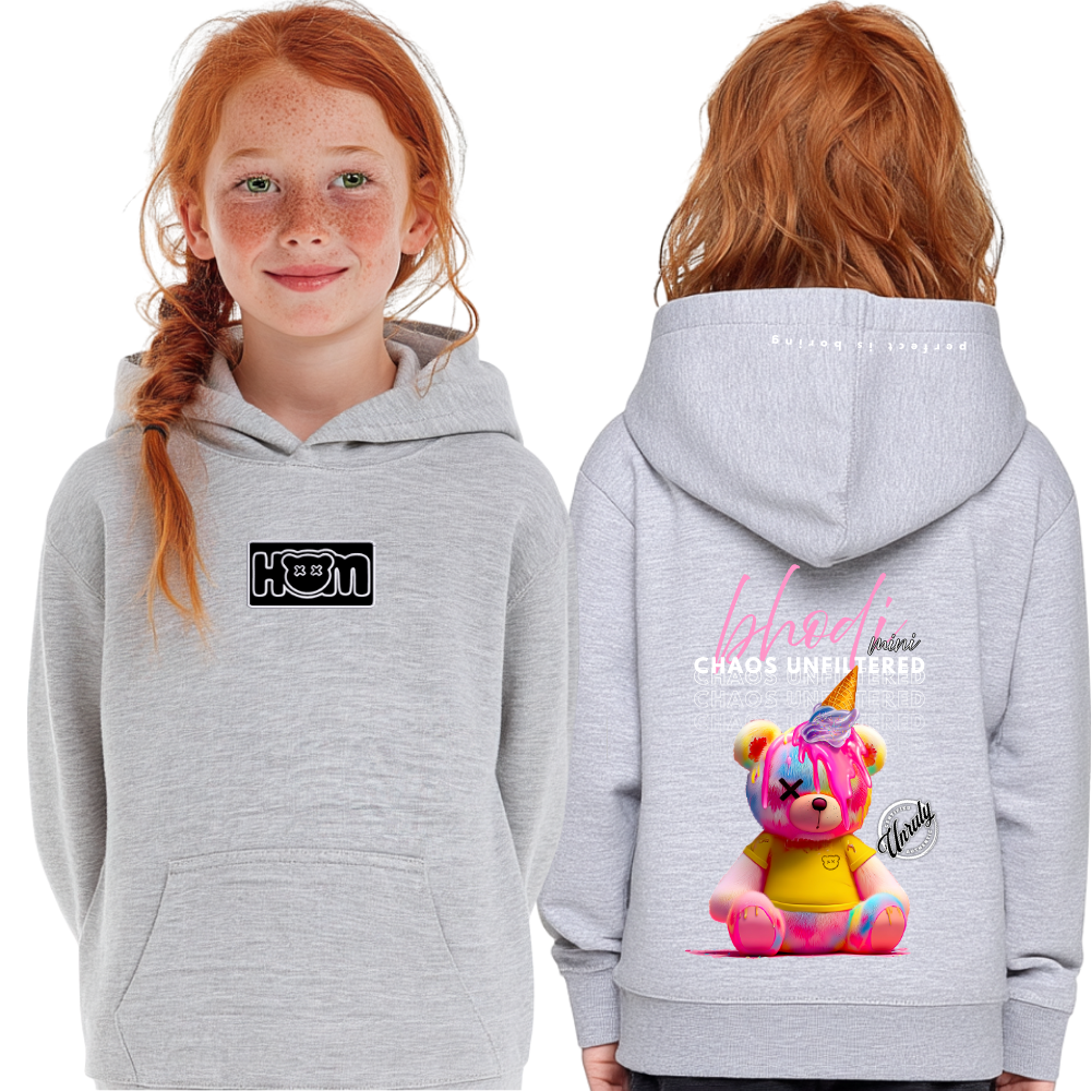 Gray hoodie with front and back designs, worn by a girl, on a white background
