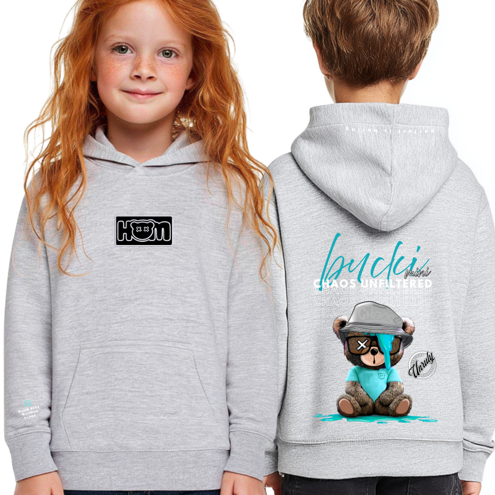 Child wearing a gray hoodie with a bear graphic and text on the back, displayed from front and back views.