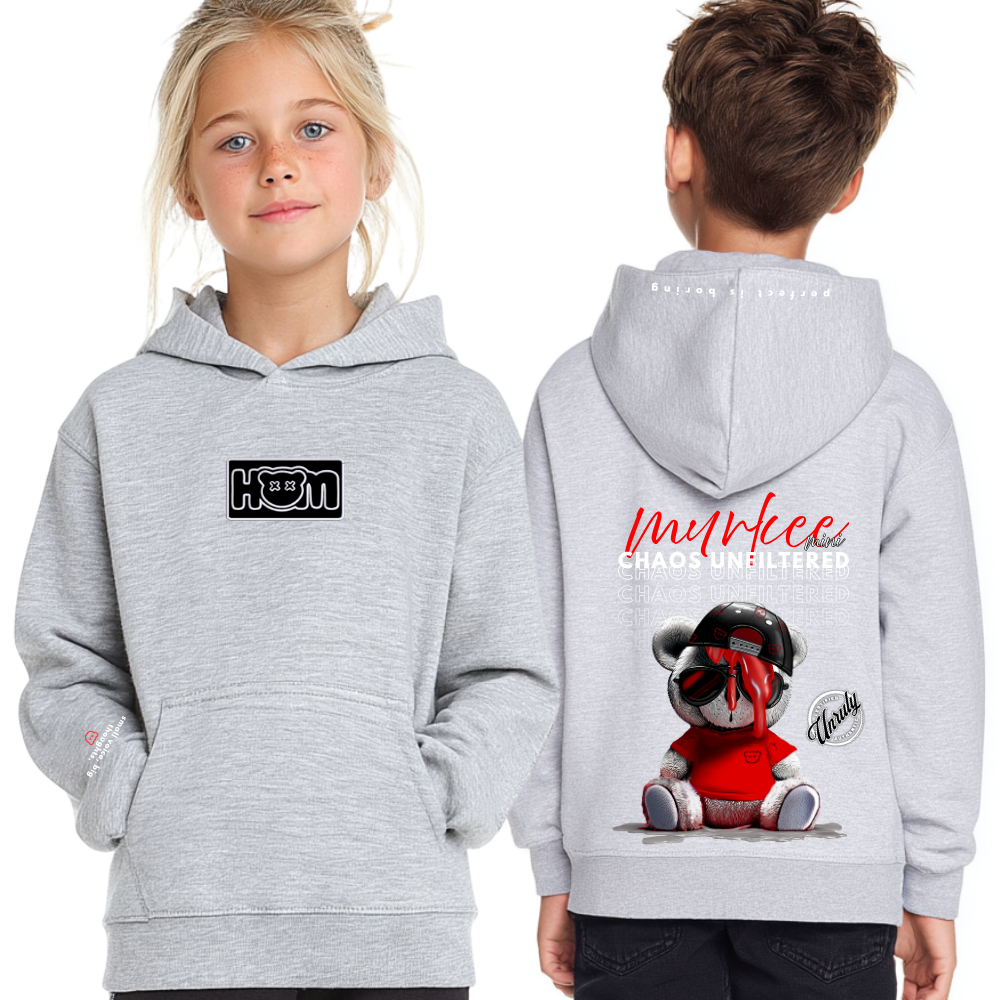 Children wearing gray hoodies with a bear graphic and text on the back