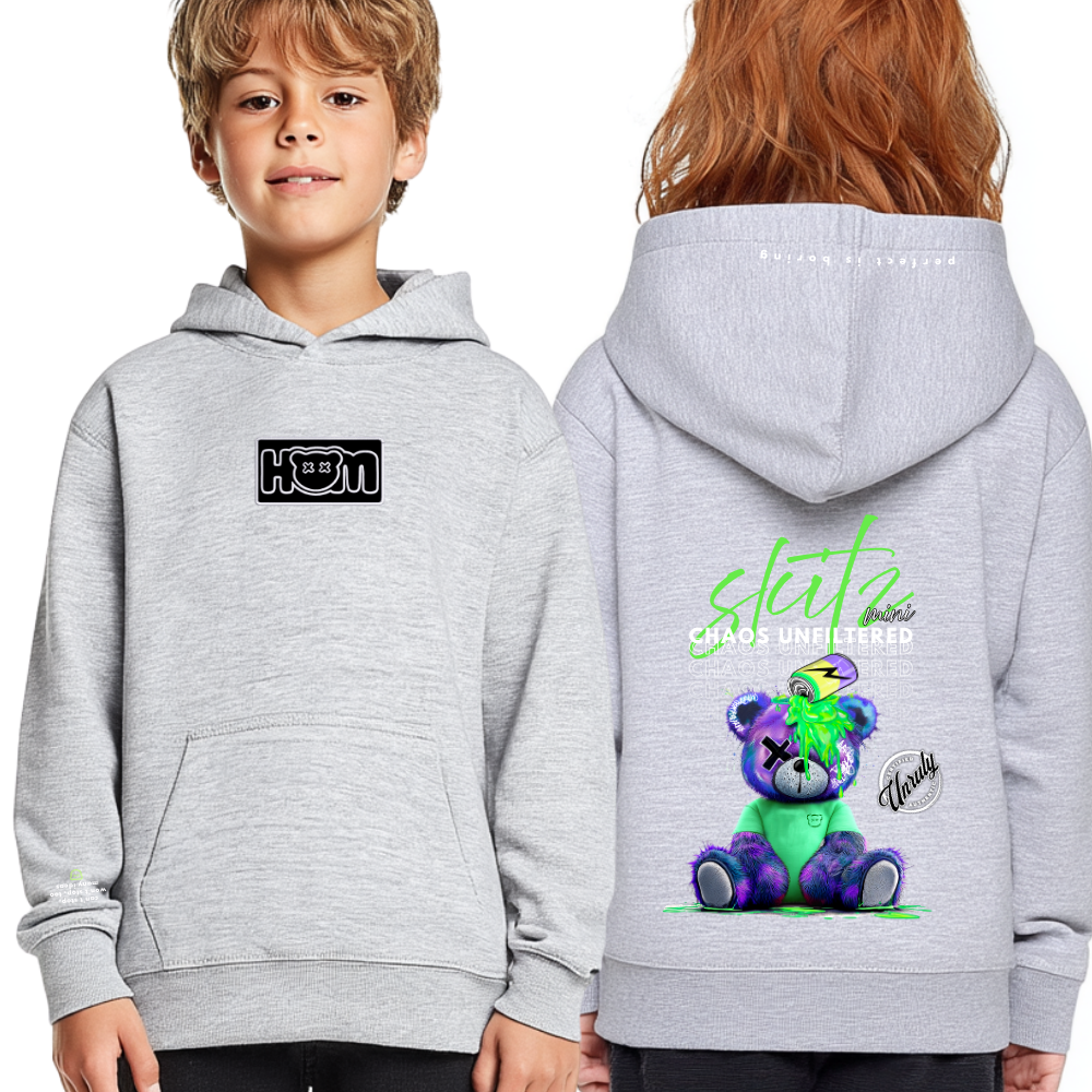 Gray hoodie with front and back designs, worn by a child, on a white background.