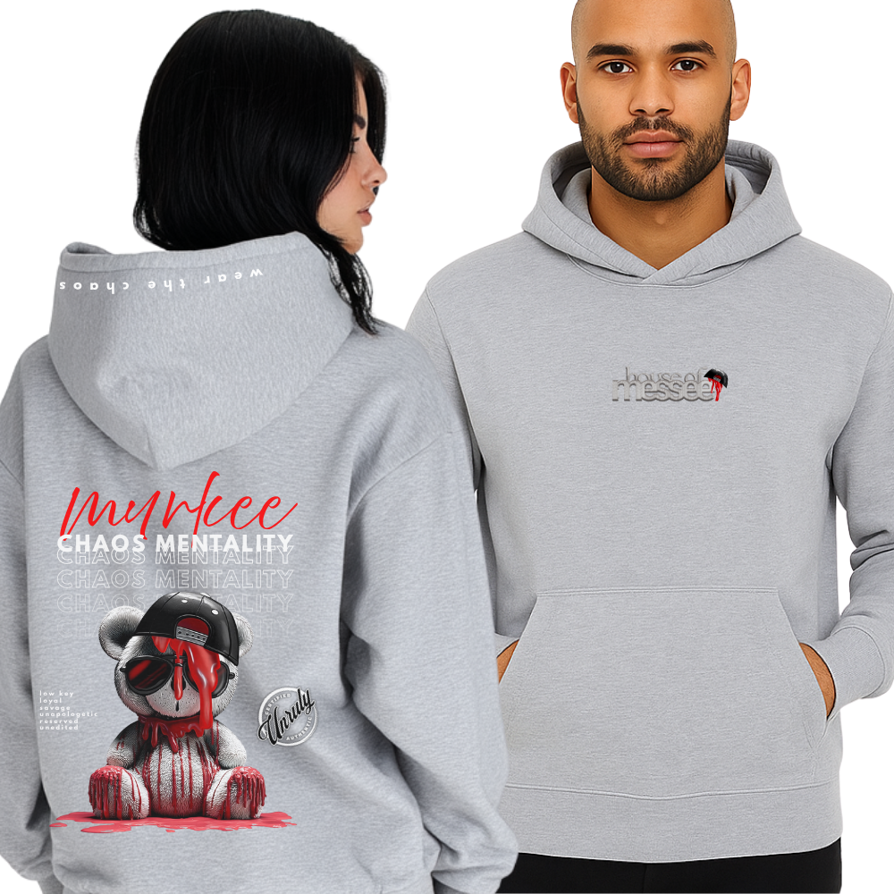 Two people wearing gray hoodies with a design and text on the front and back.