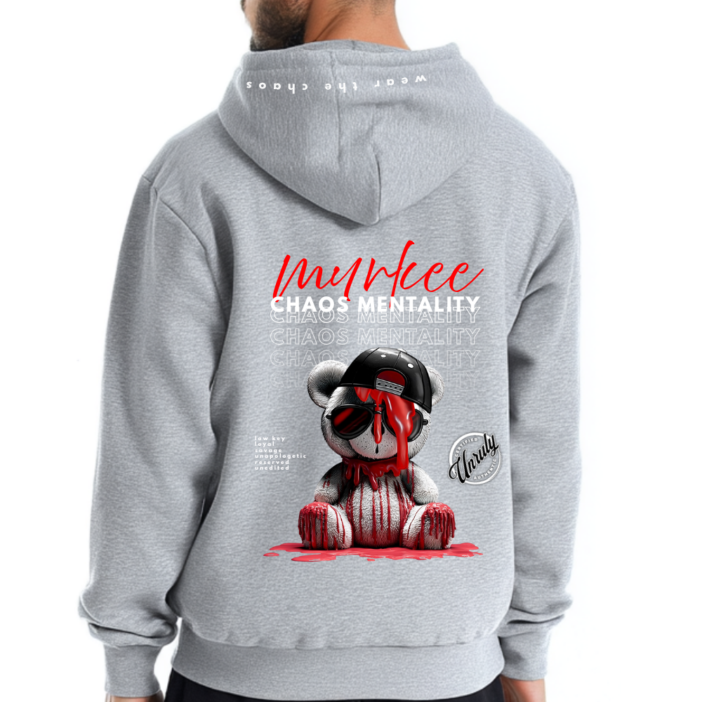 Gray hoodie with a graphic design on the back featuring a bear and text.