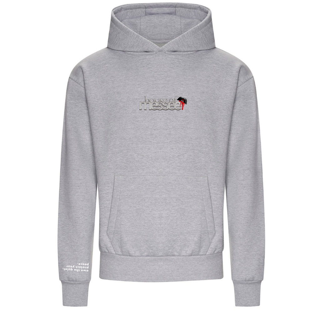 Gray hoodie with a logo on the chest against a white background