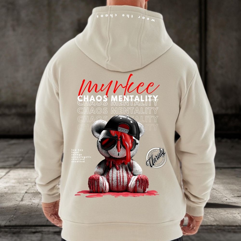 Beige hoodie with a graphic design of a bear wearing sunglasses and text on the back.