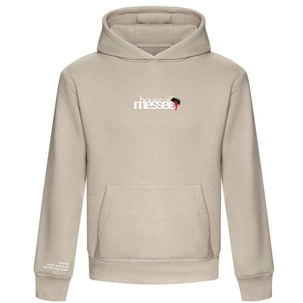 Beige hoodie with a logo on the chest against a white background
