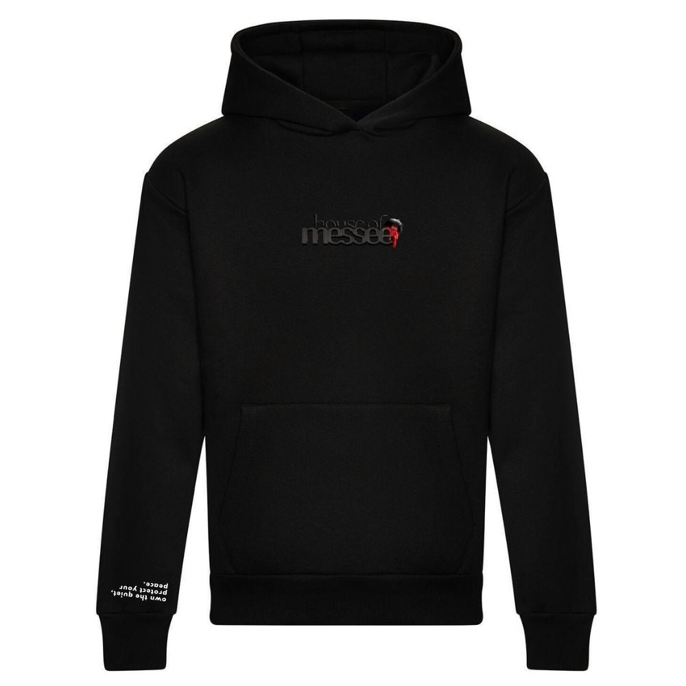 Black hoodie with a logo on the chest against a white background