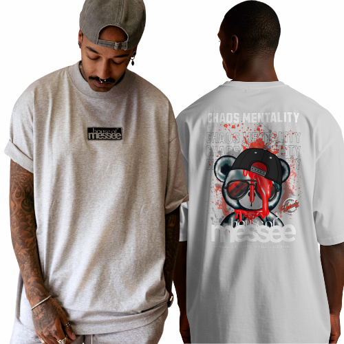 Person wearing a gray t-shirt with 'House of Messee' logo on front and graphic design on back.