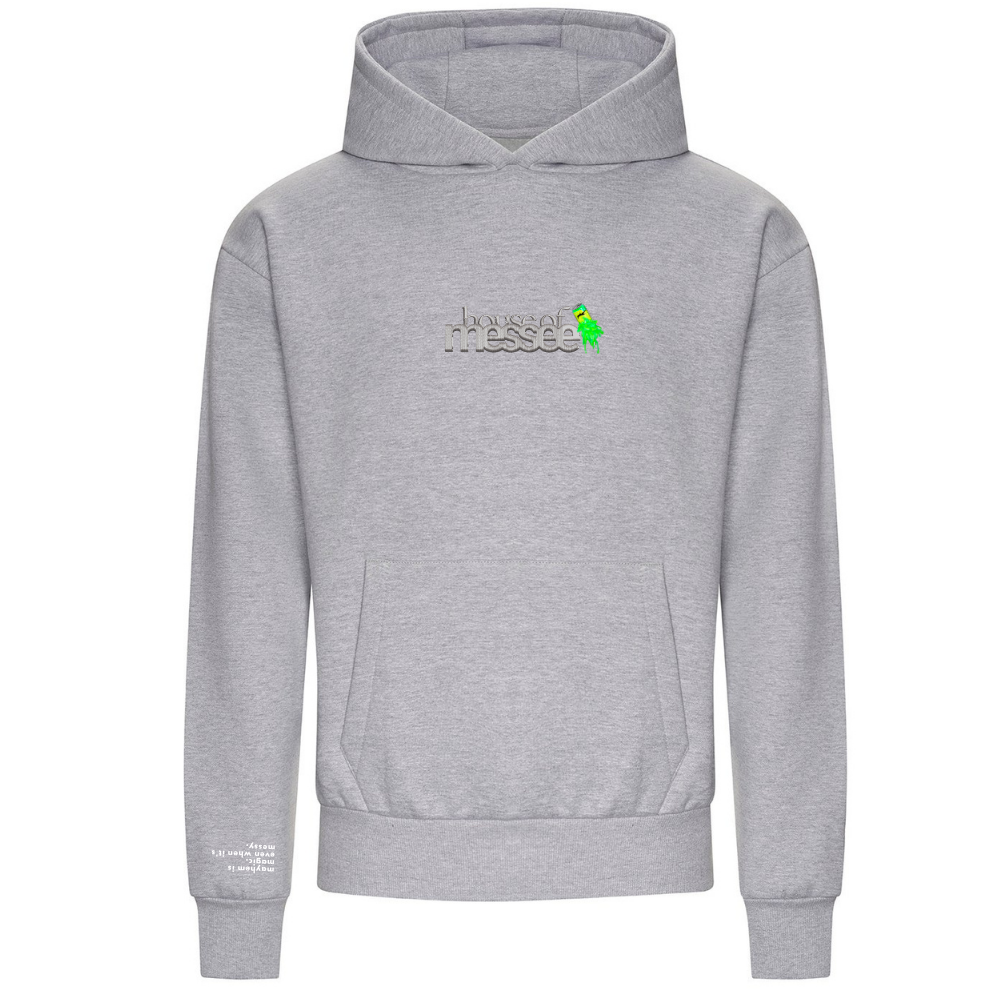 Gray hoodie with a logo on the chest against a white background