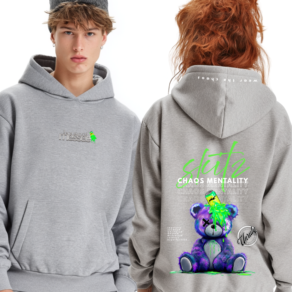 Gray hoodie with a colorful bear graphic and text on the front and back, worn by two models.