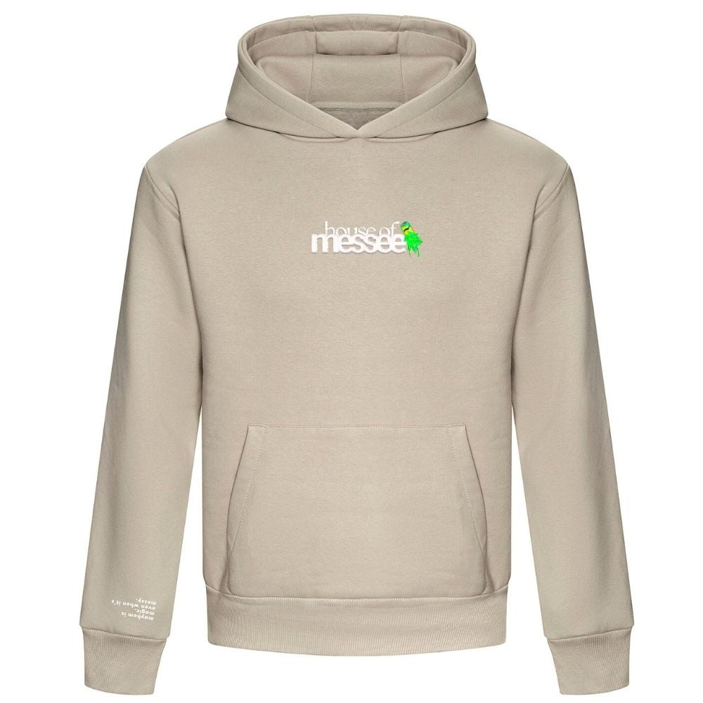 Beige hoodie with 'house of messee' logo on a white background