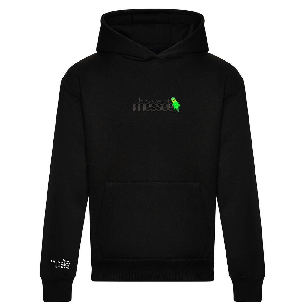 Black hoodie with a logo on the chest against a white background