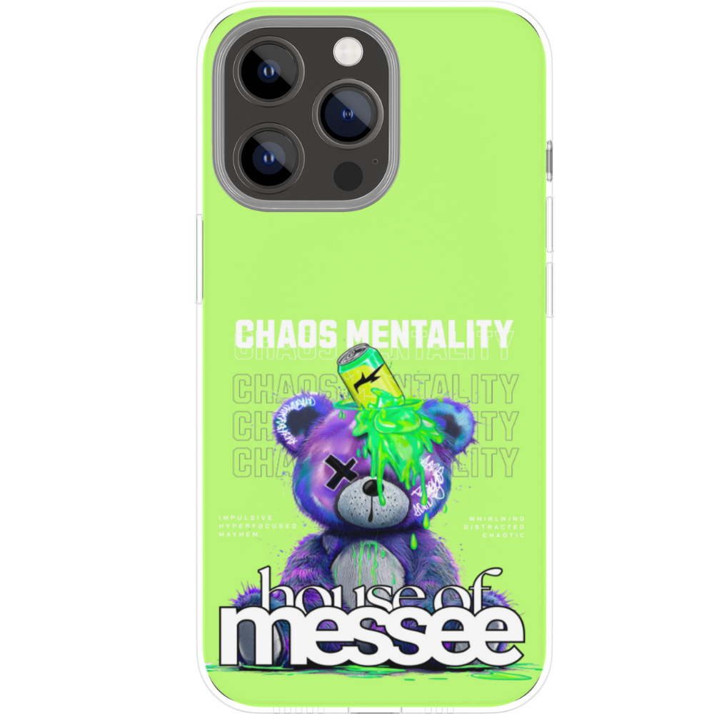 Phone case with a colorful bear design and text on a green background